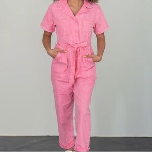 Skies Are Blue Pink Belted Button Jumpsuit